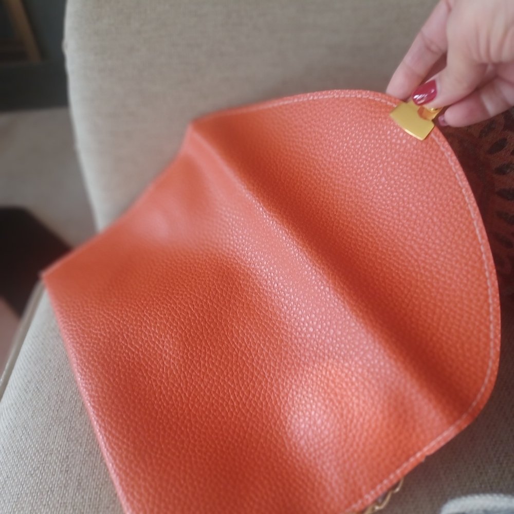 Orange Envelope Clutch with Gold Chain - Picture 3 of 10